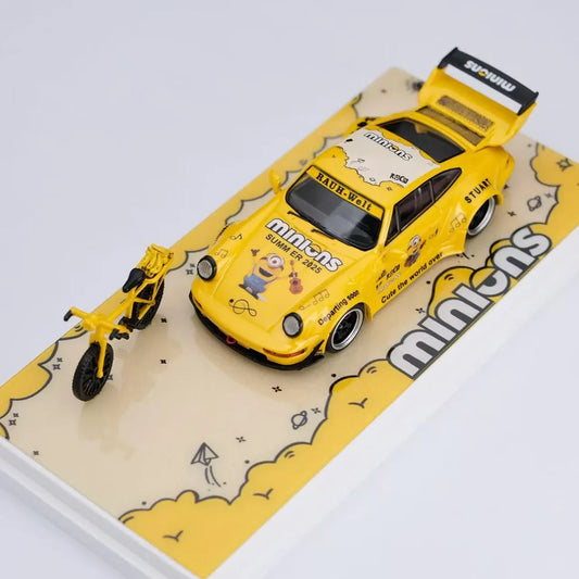 Ultimate Player 1/64 Porsche 964 RWB Yellow Minions Livery With Acrylic Case & Bicycle Mini Figure