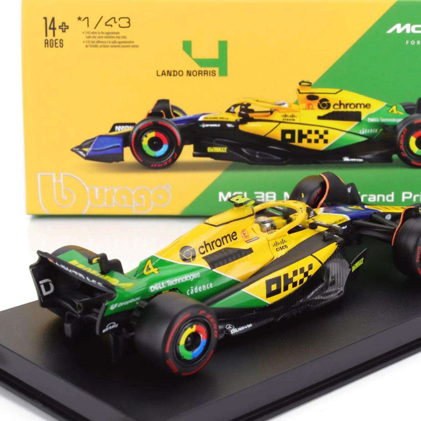 Bburago 1/43 McLaren F1 Team MCL38 - Lando Norris GP Senna 30th Edition With Acrylic Case